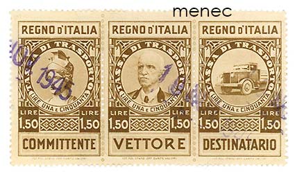 Italia, Tassa di trasporto - liikenneveromerkkejä, kolmen ryhmä, 1945 