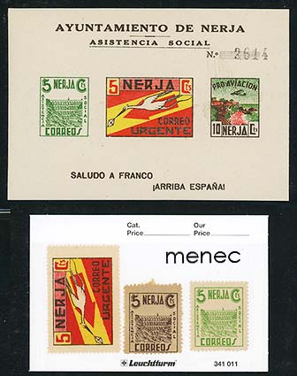 Espanja, sisällissota, Ayuntamiento de Nerja, numeroitu Saludo a Franco -pienoisarkki ja kolme merkkiä 