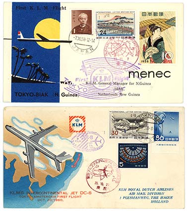 Japani, KLM-ensilentokirjeitä, Tokio-Amsterdam 1960 ja Biak (Uusi-Guinea) -Tokio 1958 