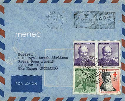 Chile, KLM 40 vuotta -erikoisleimalähetys Hollantiin 1959 