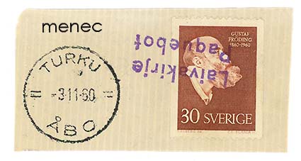 Laivakirje-leima 1960, ruotsalaisella merkillä 