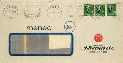 Norja, kirjelähetys Victory-merkein 1941, V-leimalla 