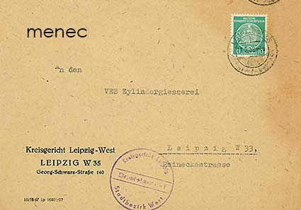 Saksa, DDR, Leipzigin oikeusistuimen lähetys VEB-tehtaalle 1959, oikeuden leimalla 