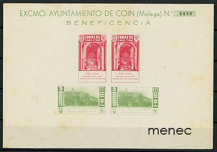 Espanja, sisällissota, EXCMO, Ayuntamiento de Coin, hyväntekeväisyyspienoisarkki, numeroitu 