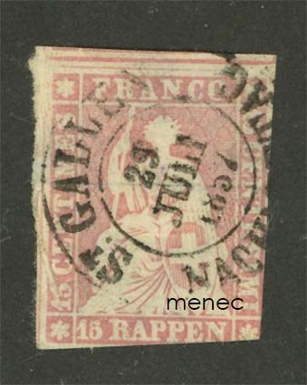 Sveitsi, istuva Helvetia 1854, 15 Rp 