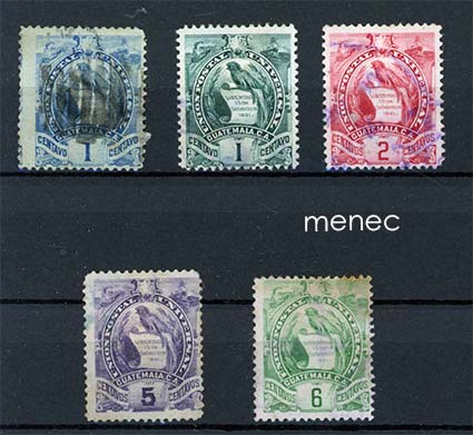 Guatemala, vaakuna-käyttösarjoja 1886 ja 1900, 5 kpl 