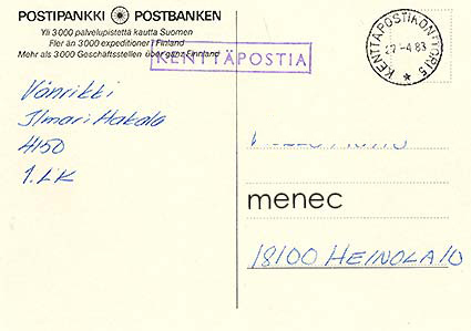Postipankki-kortti, kenttäpostileimalla 1983 