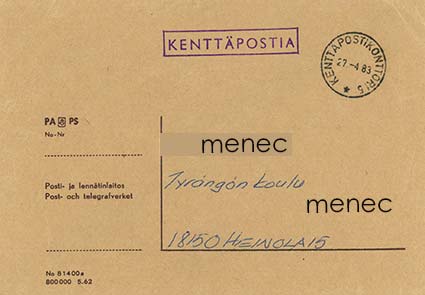 Postilaitoksen kuori, kenttäpostileimalla 1983 