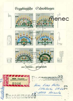 Saksa, DDR, kynttilänjalkoja 1986, pienoisarkki, kulkenut kirjattuna Suomeen 