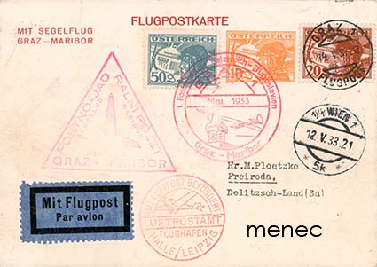Itävalta, lentopostia 1933, purjelento Graz-Maribor 