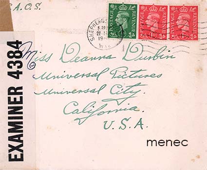 Iso-Britannia, kirje filmitähdelle Universal-studiolle 1942, sensuurin avaama, tarkastusleima 