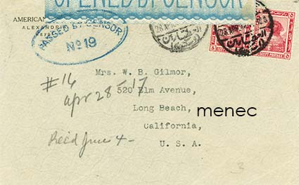Egypti, kirje Aleksandriasta USA:han 1917, sensuurin avaama 