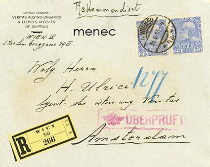 Itävalta, kirjattu lähetys Veritas/Lloydsille Hollantiin 1915, Itävallan sensuurin tarkastusleima 