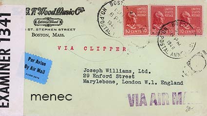 USA, lentopostikirje Clipperillä 1940, B. F. Wood Musicilta Englantiin, sensuurin avaama 