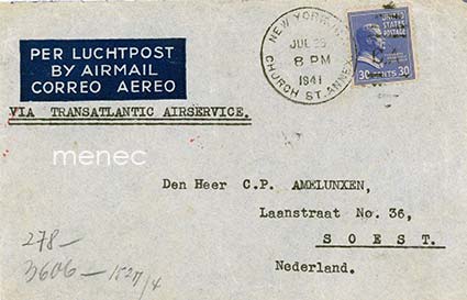 USA, lentopostikirje, Transatlantic 1941, Hollantiin, Saksan sensuurin avaama 