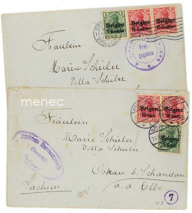 Saksa, miehitetty Belgia, 10/10c ja 5/5c vuosien 1914 ja 1916 painoksina, kirjeillä sensuurileimoin 