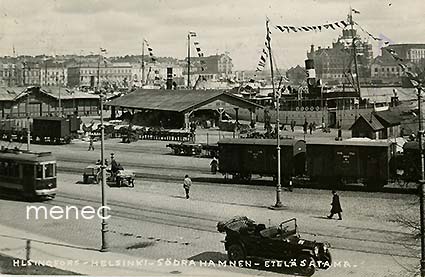 Helsinki, Eteläsatama, laivoja, junavaunuja, raitiovaunu, auto 