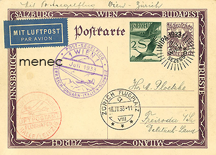Itävalta, postipurjelento Itävalta - Unkari - Italia - Sveitsi 1933 