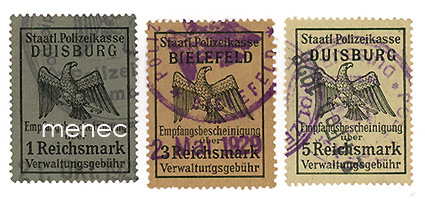 Saksa, Valtiollinen poliisikassa (2x Duisburg, 1 Bielefeld) hallintomaksumerkki 