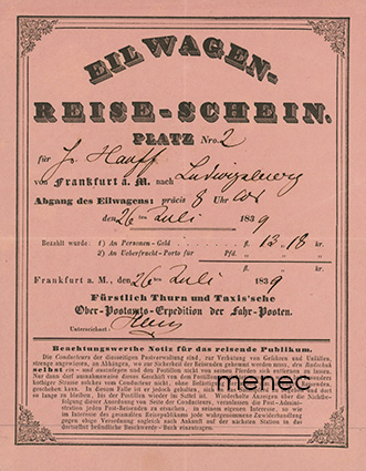 Saksa, Thurn und Taxis, matkalippu postivaunussa Frankfurt am Maimista Ludwigsburgiin heinäkuussa 1839 