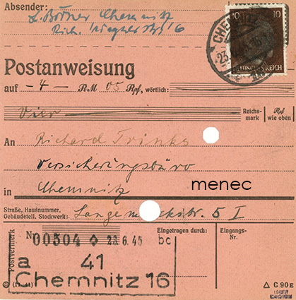 Hitler-mustaus, Chemnitz 16, postiosoitus 10+10 Pf (23.6.1945) 