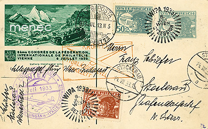 Itävalta, ehiö 50g, kv. filatelistiliiton kongressi 1933, '4 Länder - Route Budapest'. Lisämerkit ja 12 näyttelykirjeensulkijaa 