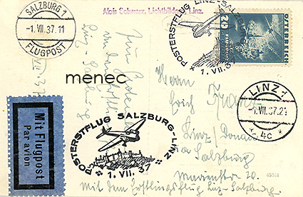 Itävalta, 1. postilento Salzburg-Linz 1.7.1937 