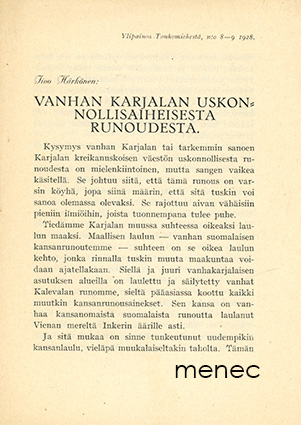 Härkönen, Iivo - Vanhan Karjalan uskonnollisaiheisesta runoudesta 