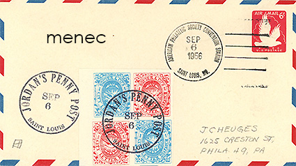USA, Jordan's Penny Post, 1c sininen ja punainen, nelilö 1956 