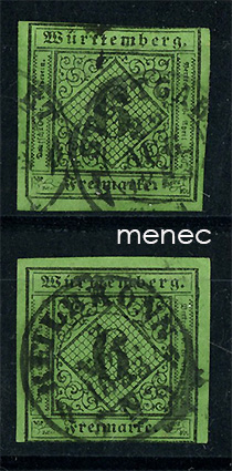 Saksa, Württemberg, käyttömerkki 6 Kr 1851, 2 kpl 