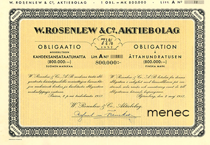 W. Rosenlew & Co, obligaatio 7 1/4 % 1957, 800 000 mk. Litt. A 
