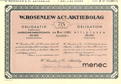 W. Rosenlew & Co, obligaatio 7 1/4 % 1957, 80 000 mk. Litt. B 
