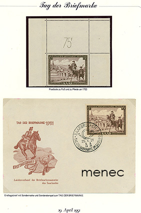 Saksa, Saarland, Postimerkin päivä 1951, FDC-teemakuori ja arkin reunapala 