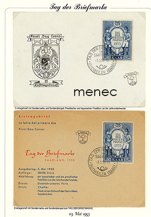 Saksa, Saarland, Postimerkin päivä 1953, kaksi FDC-teemakuorta 