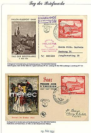 Saksa, Saarland, Postimerkin päivä 1954, kaksi FDC:tä: teemakuori ja Ballon Flugpost Saar -kortti 