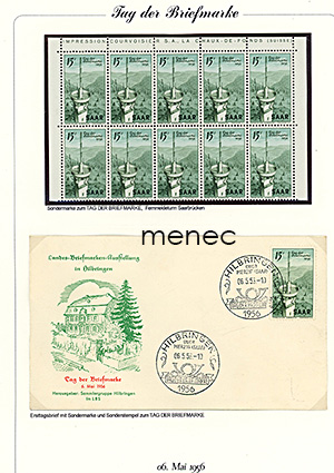 Saksa, Saarland, Postimerkin päivä 1956, teemakuori-FDC ja arkin reunapala (10 kpl) painajamerkinnöin 