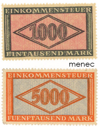 Saksa, tuloveromerkkejä 1923, 1000 ja 5000 Mk 
