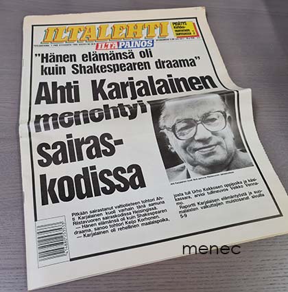 Ilta-Sanomat 7.9.1990, iltapainos, Ahti Karjalaisen kuolema 