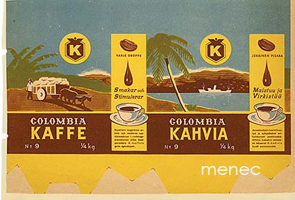 Colombia kahvia No 9. Kokonainen pakkaus kansioleikkeellä 
