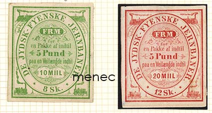 Tanska, rautatierahtimerkit 1870, Jydsk-Fyenske Jernbaner, 8 ja 12 Sk eripituisille matkoille 5 paunan lähetyksestä 