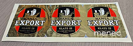 Hansa Export Klass III, leikkaamaton painovedos, 3 etikettiä 