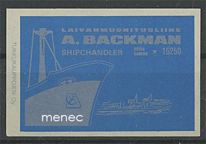 Tulitikkuetiketti, Laivamuonitusliike A. Backman, Kotka 