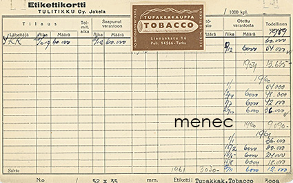 Tupakkakauppa Tobacco, Turku, tulitikkuetiketin inventointi- ja tilaustietokortti 