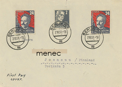 Saksa, DDR, Karl Liebknecht 1951, kirje Suomeen, FDC 