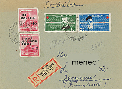 Saksa, DDR, Punainen Risti 1957, kirjattu kirje Suomeen 