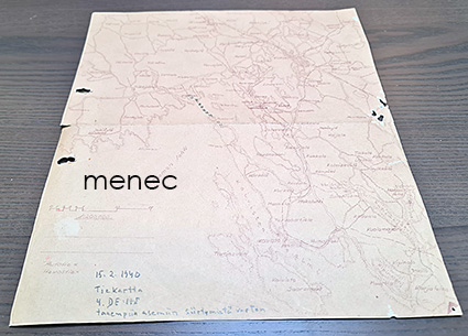 Kaksi 4. Divisioonan tiekarttaa, 15.2.1940 taaempiin asemiin siirtymistä varten ja 20.3.1940 