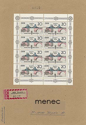 Saksa, DDR, Jungfern-silta 1985, 20 Pf, pienoisarkki kirjatulla kirjeellä Suomeen 