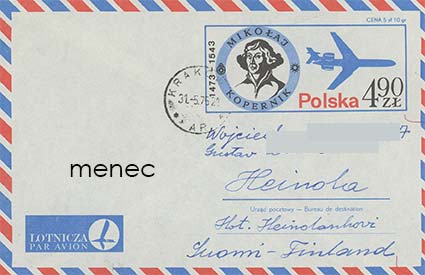 Puola, aerogrammi 4,90, Suomeen 