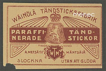 Tulitikkuetiketti, Wäinölä Tändsticksfabrik, paraffinerade tändstickor 