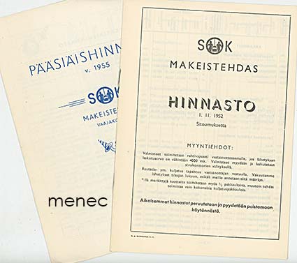 SOK Makeistehdas. Kaksi hinnastoa 